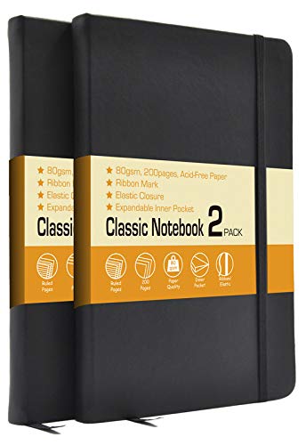 LYTekHardcover Notebook Journals,College Ruled Classic Notebooks, Faux Leather and Elastic Closure with Pocket, 5"x8.25" Size,Total 400 Pages Premium Acid Free Paper,Pack of 2,Update Version