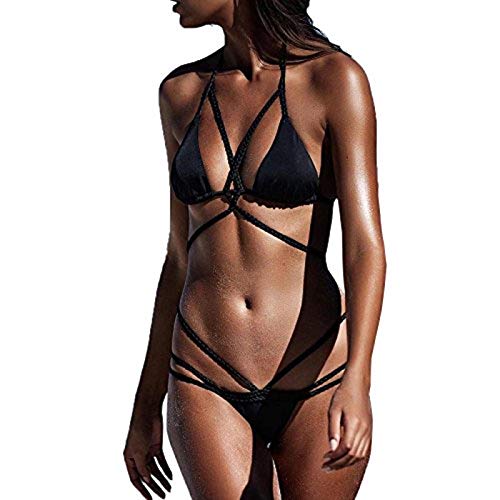 WSLCN Bikini 2 Pièces Criss Cross Bandage sans Soutien-Gorge Microkini Bresilien Strappy Maillot de Bain Dos-Nu Rembourré Dentelle Taille Basse Halter de Cou Noir X-Large