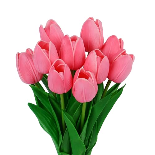 VaryFloral 10 Pezzi Tulipani Finti Fiori Artificiali Rosa Scuro Tulipani Finti Realistici Lattice PU Fiori Finti per Decorazioni Bouquet Sposa Fiori Decorativi Tulipano per Matrimonio Stanza Famiglia