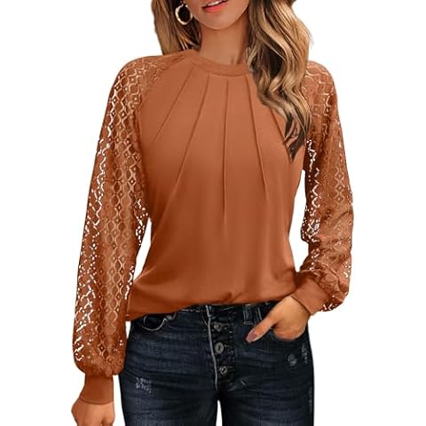 HOTOUCH Lace Tops for Women Long Sleeve Shirts Pleated Fall Ladies Crew Neck Dressy Business Casual Blouses Caramel Cover