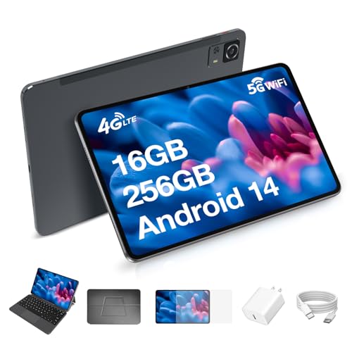 Weelikeit 12 Zoll Tablet mit Tastatur, 4G LTE und Dual SIM, 5G WLAN, 2K FHD Android 14, 16GB RAM+256GB ROM, 20W Schnellladung, 5MP+13MP, 8000mAh/GPS/GMS/OTG/Grau