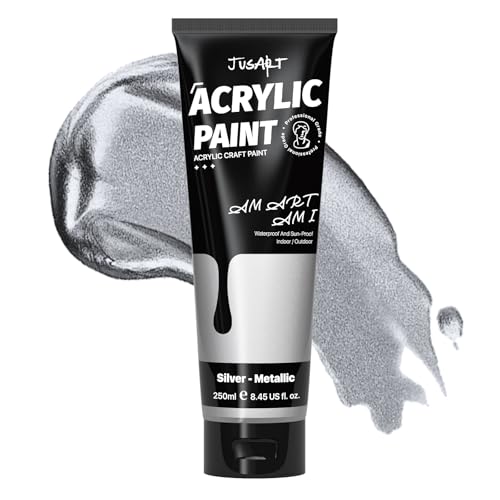 JusArt Acrylic Paint Metallic Silver Tubes 250ml (8.45 oz), Non Toxic Craft Paint, No Fading Rich Pigment for Canvas Painting, Wood, Fabric, Clay, MetallicStone, Ceramics Art Supplies for Artists, Adults, Kids