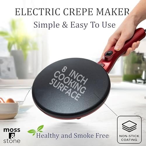 Image of Moss & Stone Red Electric Crepe Maker, 8 inch Portable Nonstick Crepe Pan | Nonstick dipping plate, auto shut-off, on /off switch, even heating, dual temperature control, compact design