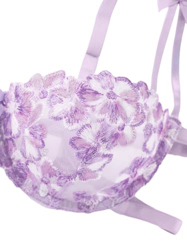 Image of Lilosy Sexy Tie Side Cute Underwire Push Up Strappy Embroidered Mesh Sheer Lingerie Set