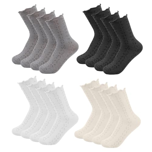 8 Pcs Ruffle Mesh Crew Socks for Women, Breathable Knit Pattern Frilly Socks (US 5-9)