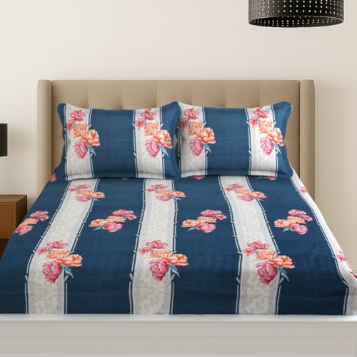 Image of Mafatlal Plush 140 GSM Double Bed Sheet | Lightweight Microfiber | 90 x 100 Inches | Queen Size | Premium Feel & High Durability | Dark Blue & Beige