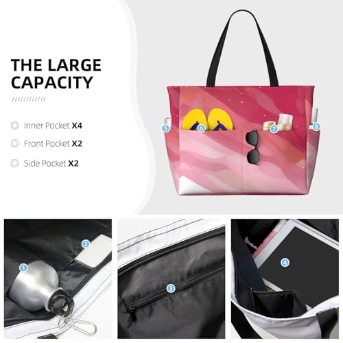 Pink gradient style Large capacity beach bag with zipper, perfect for grocery bag pool gym travel shopping foldable beach travel bag,3