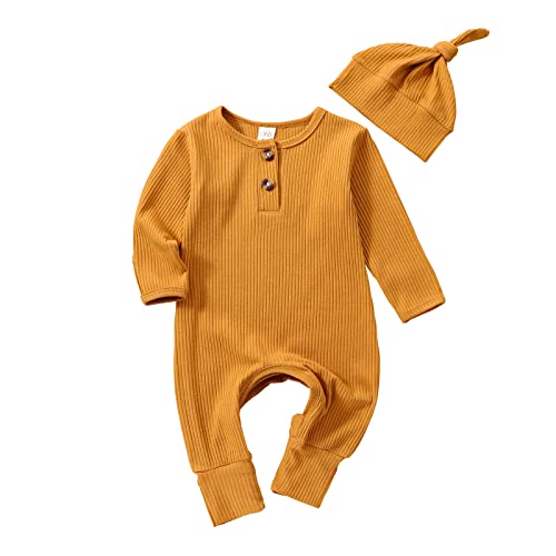 Image of Infant Boys Girls Clothes Set Newborn Baby Romper Hat Ribbed Knit Long Sleeve Button Solid Bodysuit Jumpsuit