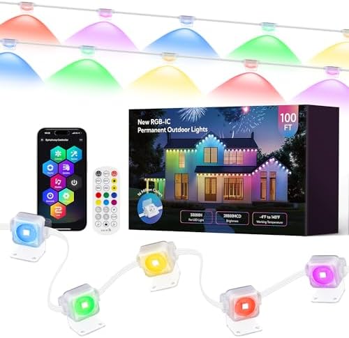 Permanent Christmas Lights Outdoor for House,100FT Smart RGBIC Outside Light with 66 Scene Modes,IP67 Waterproof Color Changing Lights for Roof,Eaves,Xmas,Halloween,All Holiday Decorations