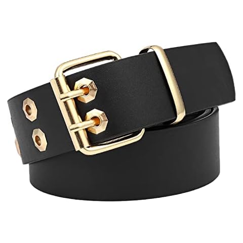 NiceYnn Gold Double Octagonal Eyelet 3.7cm Wide Goth Punk Leather Belt - Women Men 106cm PU Waist Belt with Square Buckle for Jeans Pants Shorts Cover