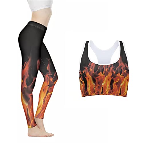 AFPANQZ Fire Print Sports Bras and Leggings Set for Women Activewear Racerback Padded Workout Yoga Tank Tops Bra and Full Length Tight Pants Butt Lifting Size 2XL