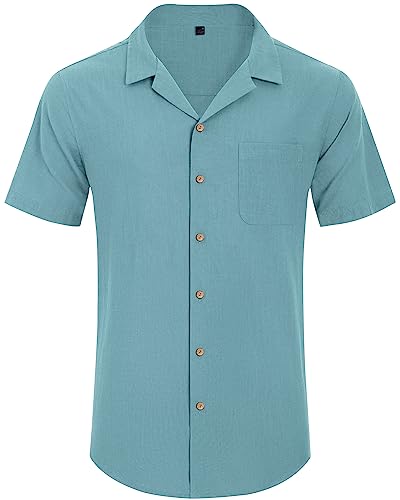 Image of Alimens & Gentle Mens Linen Shirts Cotton Hawaiian Shirts Short Sleeve Button Down Shirts Casual Summer Beach Tops