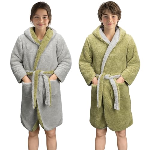 HOMELEVEL Kuschelfleece Bademantel für Kinder - Sherpa Morgenmantel mit Taschen Schalkragen Gürtel - Wende-Kinderbademantel für Jungen und Mädchen