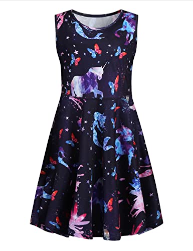Mädchen Einhorn Meerjungfrau Blumen Karikatur Prinzessin Skaterkleid ärmellos A-Linie Sommerkleid Swing Fattern T-Shirt Kleider Rundhals Freizeitkleidung, A Muster 1, 140 / 8-9 Jahre Cover