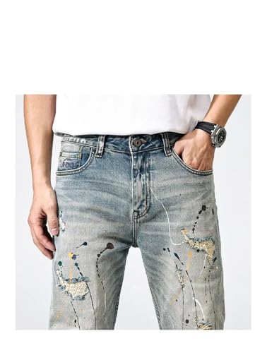 Men's Slim Straight Jeans Retro Do Old Washed Splash Ink American Style Hole Small Leg Trousers2