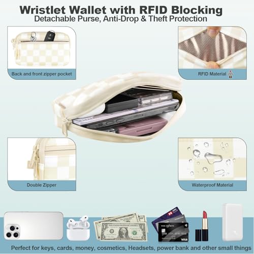 Image of YFWE Clip and Go Strap for Phone with Wallet Crossbody, Adjustable Phone Lanyard with Detachable RFID Wristlet Wallet, Phone Strap with Phone Tabs for All Phones, Cream Checkered (L)