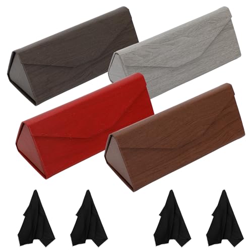 Image of 4 Pack Foldable Glasses Case, PU Leather Hard Shell Sunglasses Case with Magnetic Closure, Triangle Design Travel Eyeglasses Storage Case with 4 Cleaning Cloths