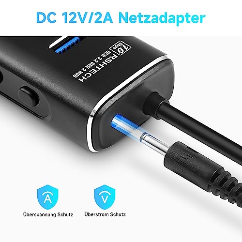 Image of USB 3.2 Hub Active with Power Supply, RSHTECH Aluminium USB Hub 3.1 Gen2 with 7 x USB 3.2 Data Ports (10 Gbps), 2-in-1 Data Cable (Type A & C, 100 cm), 24 W (12 V /2 A) Power Supply, 7-Port Data Hub