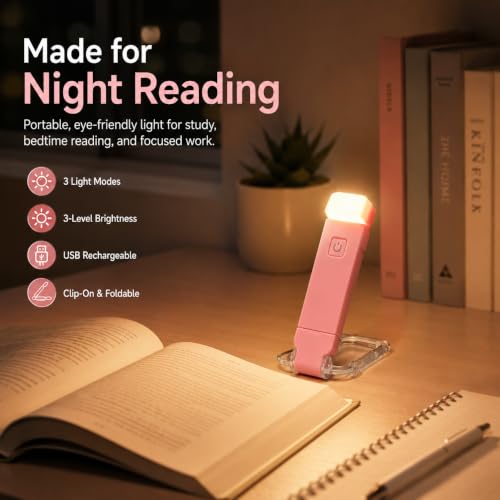 Image of One94Store Book Lamp for Students, USB Rechargeable LED Study Light, 3 Brightness & Color Modes, Clip-On, Portable & Eye-Friendly (Pink)