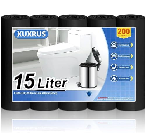 XUXRUS 200 Bolsas de Basura 15L, Bolsa Basura Pequeña para Baño, Negra, Resistente, Antifugas, Antidesgarro, Sin Olor para Cocina, Salón, Oficina (50 x 55 cm)