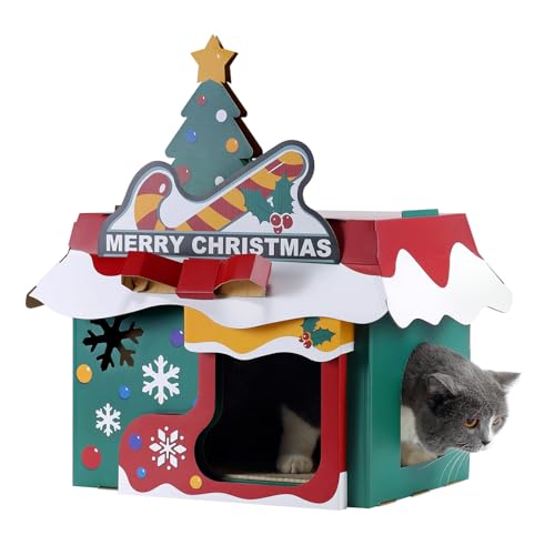 Cardboard Cat House with Scratcher – Christmas Cottage Design, 19''L x 17''W x 22''H, Festive Indoor Cat Playhouse & Hideout for Cats up to 22 lbs, Corrugated Scratch Pad & Holiday Home Décor