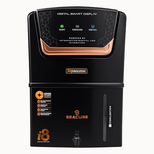 Image of Seacure Aqua i8 Digital Display RO Water Purifier for Home | RO+UF+UV+TDS+4X Alkaline Booster | 12L Storage | Fully Automatic | ISI Certified | Suitable for all type of water supply | Brown