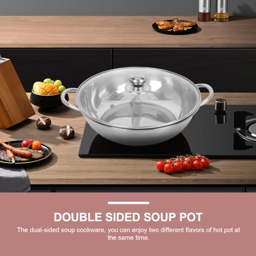 Amosfun Marmite Inox Double Compartiment 11.02In Casserole Chauffante Avec Couvercle Et PoignéEs Pour Hot Pot Chinois Compatible Gaz Et Induction – Image 5