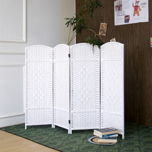 Loomveil 4-Panel Short Room Divider 3.9 ft Freestanding Partition Wall Natural White Rattan Double-Sided Folding Screen for Living Room Bedroom & Corner Privacy