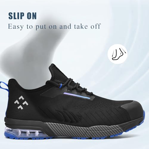 SPIEZ Unisex Slip-On Steel Toe Work Sneakers – Lightweight, Slip-Resistant & Breathable Safety Shoes with Air Cushion, Black/Blue (Women’s 5-13.5 / Men’s 3.5-12)4