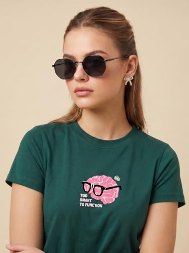 Image of JUNEBERRY Women's Regular Fit Printed Tee - 100% Pure Cotton, Round Neck, Half Sleeve Graphic T-Shirt for Daily Use (Colors: Red, Brown, Green & Future Dusk)