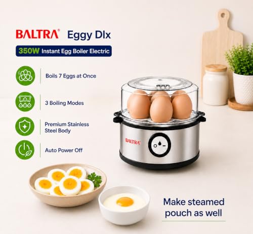 Image of BALTRA Eggy Dlx 350W Instant Egg Boiler Electric | Boils 7 Eggs at Once | 3 Boiling Modes | Stainless Steel Body with Poaching Tray & Heating Plate | Auto Power Off for Safe and Convenient Cooking