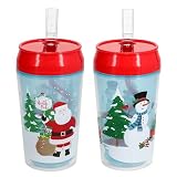 GBI Christmas Tumblers with Closable Swirl Straws 1 Santa and 1 Snowman 12 oz (Set of 2)