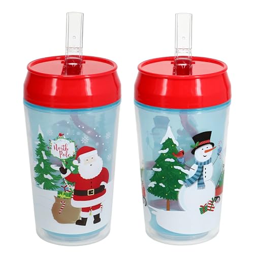 GBI Christmas Tumblers with Closable Swirl Straws 1 Santa and 1 Snowman 12 oz (Set of 2)
