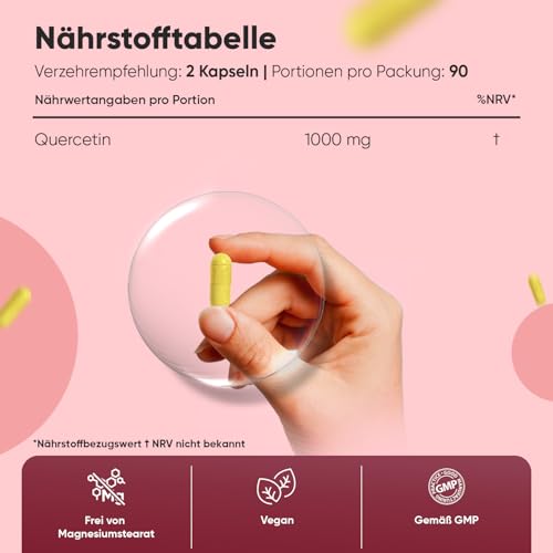 Reines Quercetin 1000mg pro Portion - 180 vegane Kapseln - 3 Monate Vorrat - Aus der Saphora Japonica - 2 Kapseln Täglich - Frei von Magnesiumstearat, Ohne Gentechnik & Gemäß GMP - WeightWorld