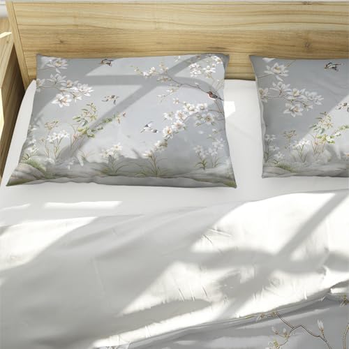 Housse de couette fleurs et oiseaux pour une chambre zen et douce en gris