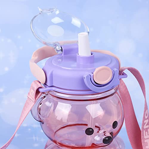 Image of 1 Liter Capacity Cartoon Teddy Bear Water Bottle Sipper Water Bottle Portable Mouth With Straw, Sticker, Strap Smile Teddy Bottle - Multi Color