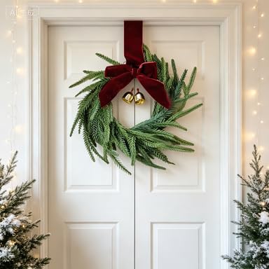 12 Inch Small Red Bow & Leaves Christmas Wreath for Front Door Decoration (Green) - image 5