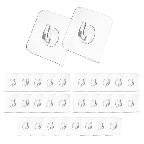 Image of BRAND VILLA Self Adhesive Wall Hooks Heavy Duty Transparent, No Drill Nail Free Waterproof Sticky Hooks for Kitchen, Bathroom, Keys & Multipurpose Home Use (Pack of 30)