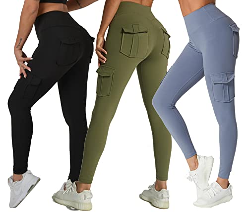 JEGGE Yoga-Leggings mit hoher Taille und 4 Taschen, Bauchkontrolle, Workout, Laufen, 4-Wege-Stretch, Cargotasche, 3 Stück/Schwarz; Grün; Blau, Groß Cover