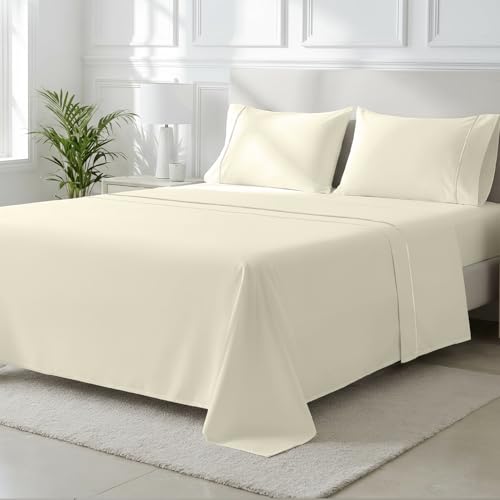 Image of THREAD SPREAD Luxury King Size Sheets Set - 2000 Series 100% Egyptian Cotton Cooling Sheets King Size (4 PC, Ivory), Silky Soft, Cooling, Sateen Weave, 17 inch Extra Deep Pocket Hotel Bedding Set