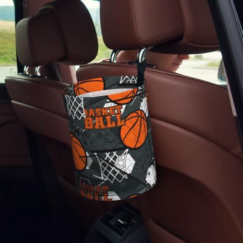 Image of Small Car Trash Can, Cool Basketball Design Hanging Foldable Car Trash Bag, Waterproof Leakproof Garbage Bin, Car Interior Organizer Accessories