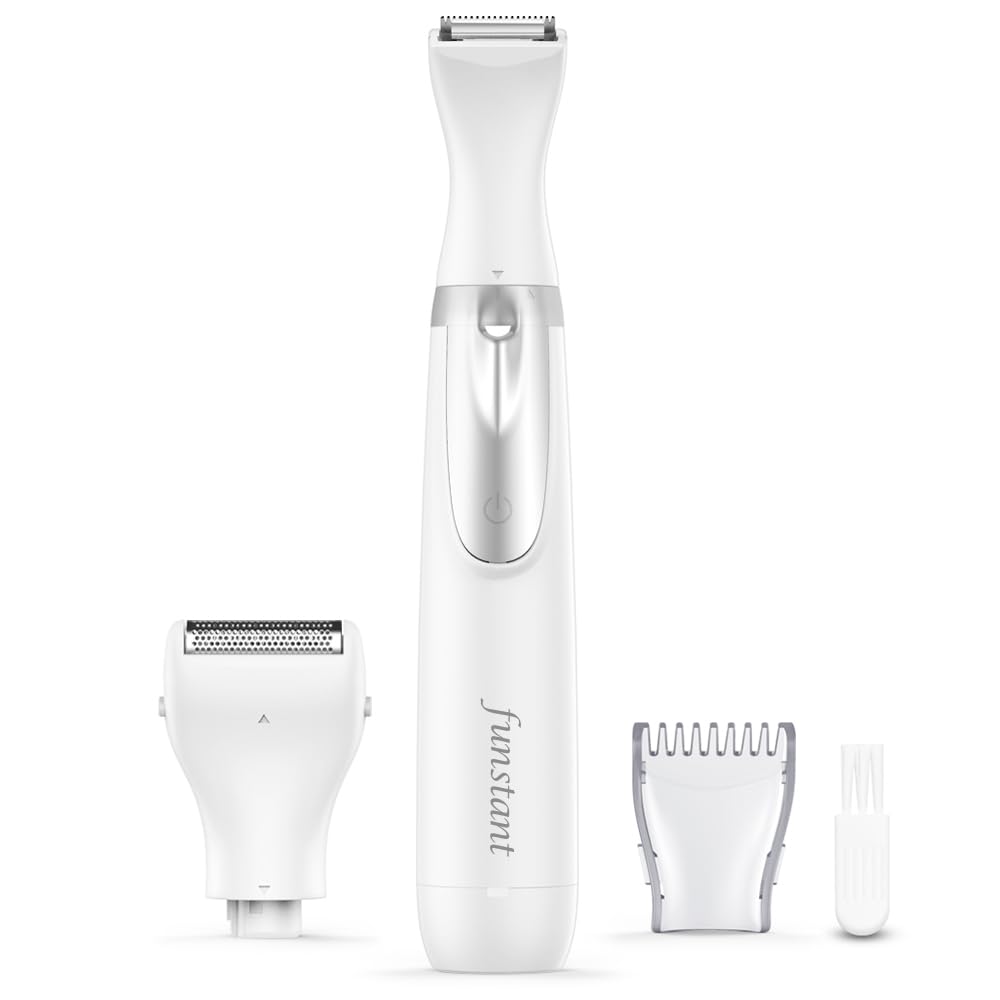 Bikini Trimmer with Built-in LED, Funstant Electric Razor for Women with Comb, Cordless Safe Hair Trimmer Floating Foil for Dry Use, Personal Shaver for Pubic Hair, Delicate Private Area Paper White