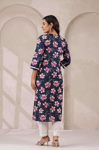Image of Ichaa Women's Pure Cotton A-Line Ethnic V-Neck Kurta with 3 /4th Sleeve for Daily and Office Wear, in Plus Sizes