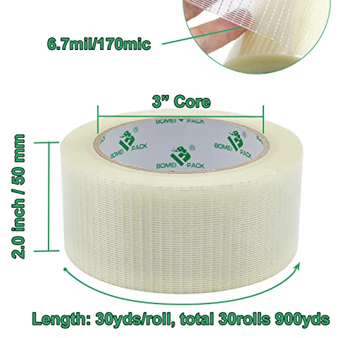 Image of BOMEI PACK 30Rolls Reinforced Packing Tape, Bi Directional Filament Strapping Tape 2 inch x 30yds x 6.7Mil