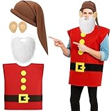 Chicingyou 4 Pcs Halloween Dwarf Costumes Set Dwarf Costume T Shirt Gnome Elf Hat Fairy Pixie Elf Ears White Fake Beard for Adult Halloween Party(Red)