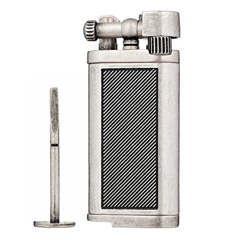 Angled Soft Flame Antique Style Lift Arm Butane Refillable Lighter with Tamper & Pick (Antique Silver Plate)