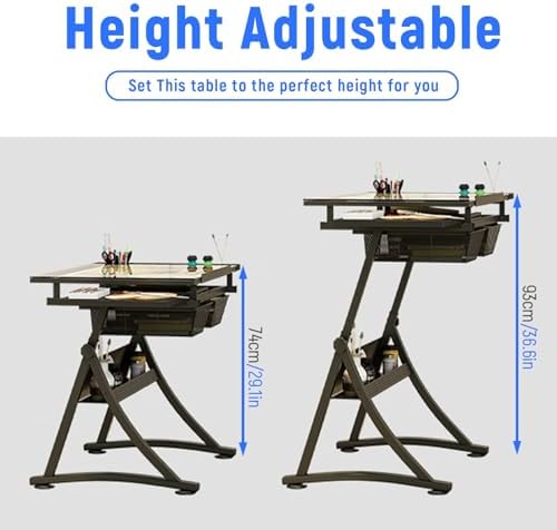 Adjustable Modern Drafting Desk with Glass Top, Storage Drawers & Shelves - Ideal for Artists & Architects, Black with 2 Side Trays for Tracing & Drafting.