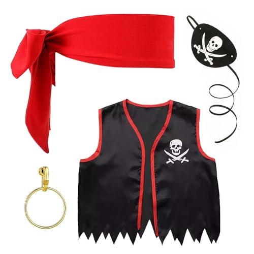 COMOOKA 4 Stück Kinder Piratenkostüm Piraten Verkleidung mit Weste Kopftuch Augenklappe Ohrring Piraten Kostüm Jungen Mädchen Accessoires für Karneval Halloween Piratenparty Kindergeburtstag