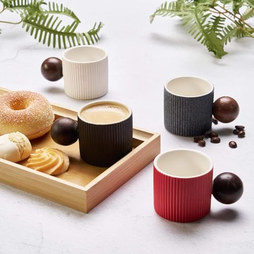 CLASGLAZ Ceramic Mini Espresso Cups Demitasse Cups with Round Wooden Handle Vertical Stripes Tea Cups (black, 4pcs) by CLASGLAZ - Image 3