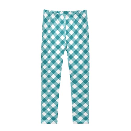 Girls Leggings Checkerboard Teal Tartan Plaid Kids Length Leggings Pants Toddler Athletic Soft Tights Trousers 4T